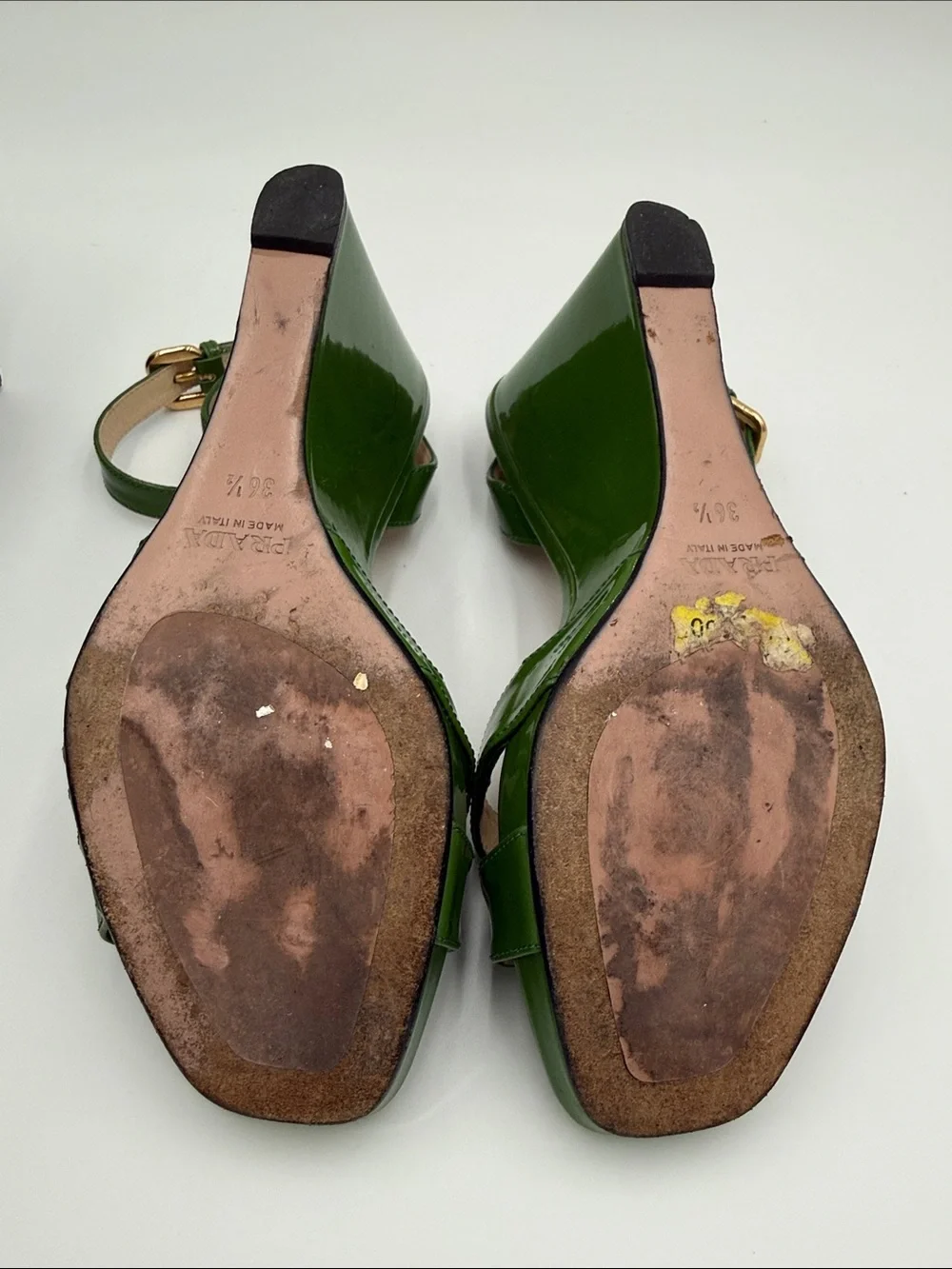 Prada Patent Green Wedge Sandals with Ankle Strap